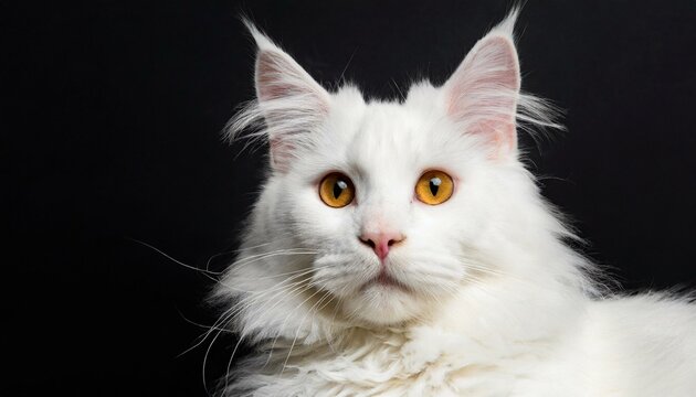 Portrait of domestic pure white Maine Coon cat with orange yellow eyes - 2 years old. Cute young cat laying with black background and looking at camera.