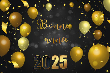 carte ou bandeau pour souhaiter une bonne année 2025 en or sur un fond noir en dégradé avec des rond blancs en effet bokeh et de chaque coté des ballons des serpentins de couleur or
