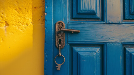 A classic blue door with intricate panels, slightly open. An old-fashioned iron key hangs from the keyhole, set against a mustard yellow background. - Powered by Adobe