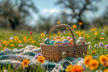 Wicker basket full of decorated easter eggs sits amidst wildflowers in a vibrant spring field