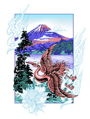 This poster art illustration mashes up Mount Fuji with a Japanese crane, flames, and flowers. It's a vivid look at Japan's beauty and symbolism