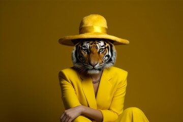 a tiger in a yellow dress hat, being stylish and fashioned