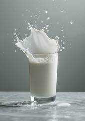 milk splash in a glass on the grey background