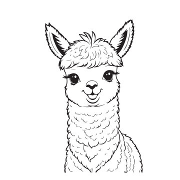 Beautiful hand-drawn vector illustration of funny alpaca isolated on a white background for coloring book for children