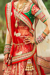 Detail of Indian bridal sari with gold and diamond jewelry