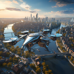 A high-tech drone flying over a futuristic city. 