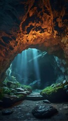 Mystical Cave with Celestial Light Beam

