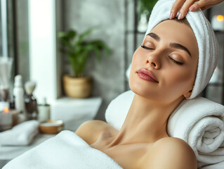 Spa Serenity: Woman's Face and Neck Massage. Tranquil spa setting where a woman enjoys a soothing face and neck massage.