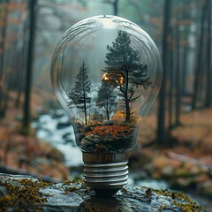 Fototapeta premium Surreal trees in inside a light bulb, wild nature in the background