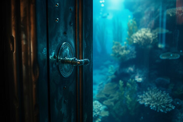 A glass door with a holographic key in the keyhole, offering a glimpse of an otherworldly underwater realm. - obrazy, fototapety, plakaty