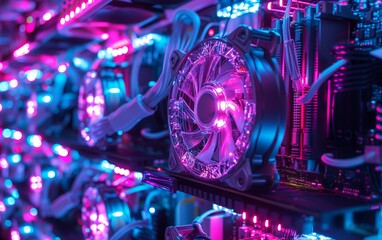 A mesmerizing server racks bathed in Futuristic purples and pinks illuminate the path to groundbreaking tech Advancements, with multiple hard drives and fans to keep them cool. 