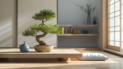 Schilderijen op glas A Japanese-inspired living room with a low, wooden table, floor cushions, and a tatami mat. A simple, elegant bonsai tree sits in the corner. Background color light gray. © Abdul