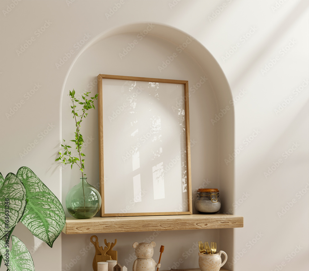 Wall mural Poster mockup with vertical wooden frame in home interior background