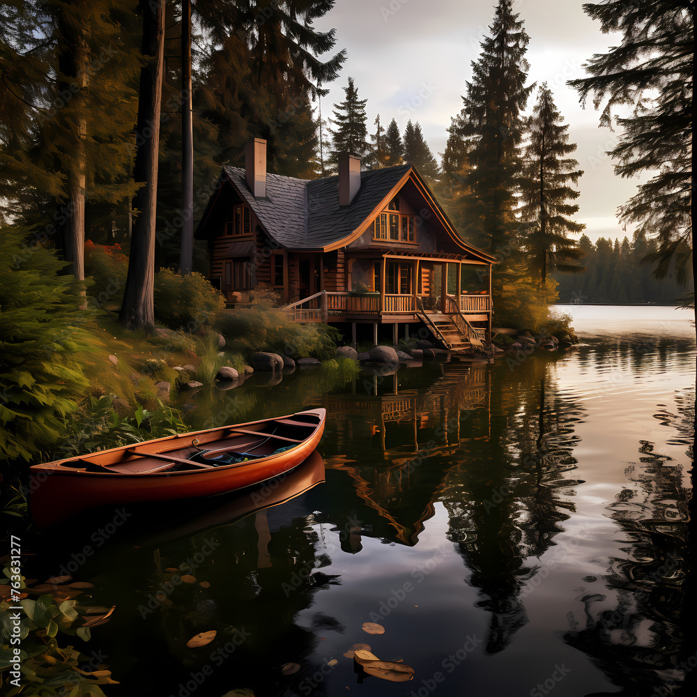 Poster A serene lakeside cabin with a rowboat by the dock