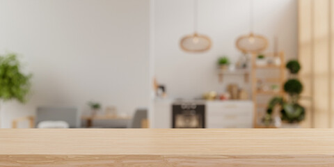 Wooden table top on blur kitchen room background,Modern Contemporary living room interior - 763631219