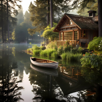 A serene lakeside cabin with a rowboat by the dock