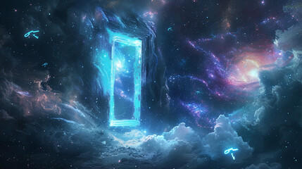 A mysterious portal-like door made of shimmering energy, with glowing keys floating nearby, set...