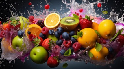 Fototapeta premium Fruit splash in water apples, raspberries, strawberries, blueberries, kiwi, oranges, dark background, pop art, banner
