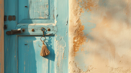 A sky blue door open, with a vintage key and tassel hanging from an old-fashioned lock. The backdrop is a warm, sandy beige, reminiscent of a beach setting. - obrazy, fototapety, plakaty