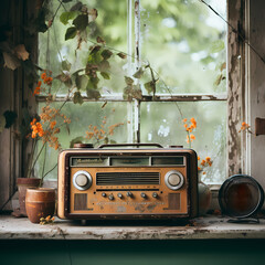 A vintage radio on a weathered windowsill. 