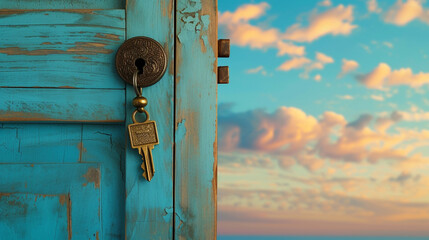 A sky blue door open, with a vintage key and tassel hanging from an old-fashioned lock. The...