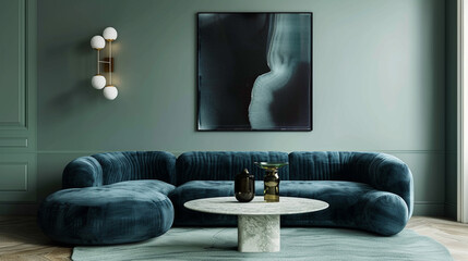 A sleek, contemporary living room with a modular, navy-blue velvet sofa, a round marble coffee table, and a minimalist black
