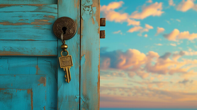 A sky blue door open, with a vintage key and tassel hanging from an old-fashioned lock. The backdrop is a warm, sandy beige, reminiscent of a beach setting.