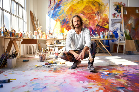 Caucasian white male artist, sits amidst his vibrant art in a sunlight art studio interior. Abstract paintings fill the space, workshop background . Concept of artistic expression, creative process