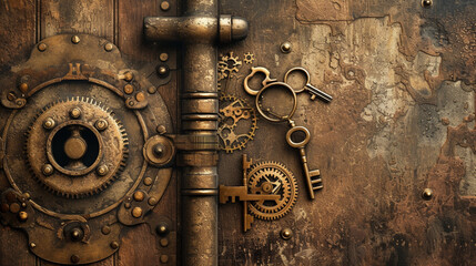 Fototapeta na wymiar A steampunk-inspired brass door, adorned with mechanical gears, with vintage keys on a sepia-toned background reminiscent of old photographs.