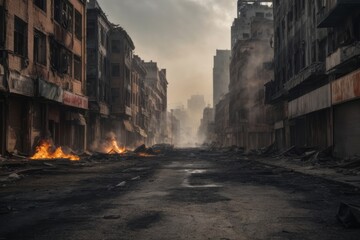 Apocalyptic view of city center with empty street and burning building destroyed by war - obrazy, fototapety, plakaty