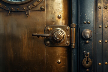 A steampunk-inspired brass door slightly open, with a mechanical key in the keyhole, against a backdrop of industrial wonders. - obrazy, fototapety, plakaty
