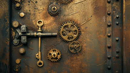 A steampunk-inspired brass door, adorned with mechanical gears, with vintage keys on a sepia-toned...