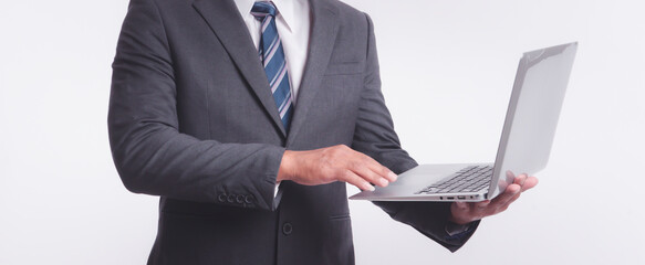 Businessman using laptop for presentation, isolate background, transparent background.