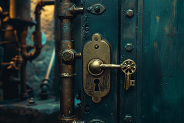 A steampunk-inspired brass door slightly open, with a mechanical key in the keyhole, against a backdrop of industrial wonders.