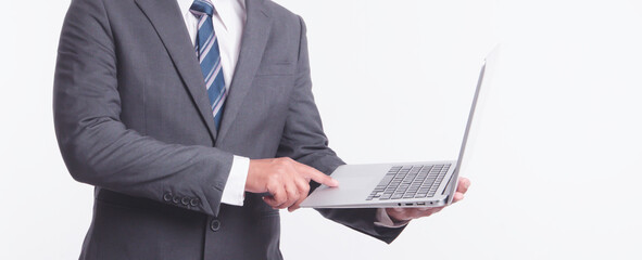 Businessman using laptop for presentation, isolate background, transparent background.