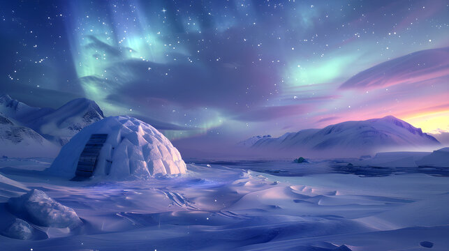 Tranquil Arctic Night: Indigenous Igloo House under Aurora Borealis