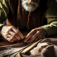 Close-up of a tailors hands sewing fabric. 