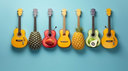 Fototapeta premium Creative fruit shaped guitars, blue background, musical instruments concept, banner