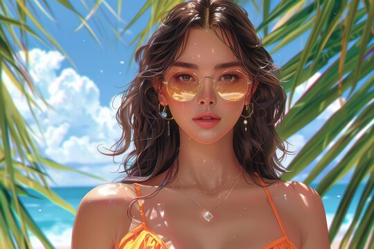 A pretty Chinese woman with glasses stands in a bright yellow sundress. A woman in an orange bikini standing in front of a tall palm tree on a sunny day.