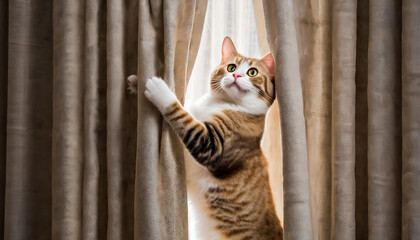 illustration d'un chat roux et blanc debout sur ses pattes arrières et agrippé à des rideaux regardant en haut - obrazy, fototapety, plakaty