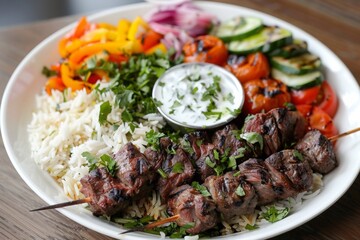 Grilled Kebab Platter with Fresh Vegetables and Tzatziki Sauce