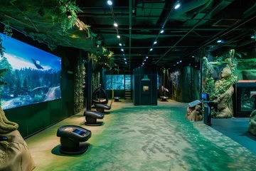 Zelfklevend Fotobehang An adventure-themed lounge with virtual reality landscapes and interactive equipment, against a forest green background.  © Abdul