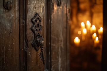 An antique wooden door slightly open, with an ornate key inserted in the keyhole, in a room filled...