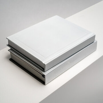 Two Hardcover books STACKED. Matte white. Blank book mockup. Textured paper. (real photo) 3D render. Spine out. 