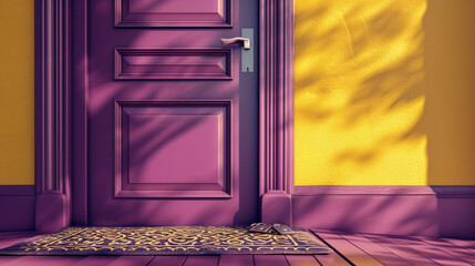 An elegant plum-colored door slightly open, with a set of modern keys resting on an ornate doormat. The background is a lemon yellow, creating a cheerful contrast.