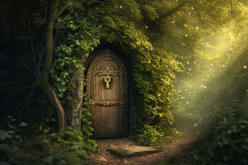 An enchanted forest door slightly open, with a magical key in the keyhole, leading to a realm of mythical creatures.
