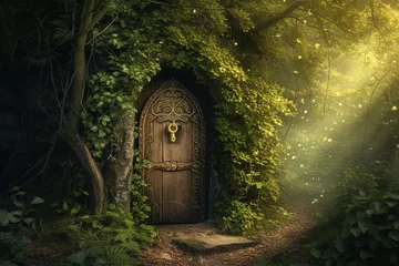 Tuinposter An enchanted forest door slightly open, with a magical key in the keyhole, leading to a realm of mythical creatures. © Abdul