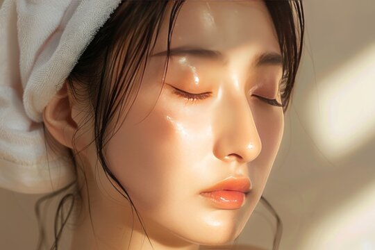Beauty image of Asian women Towel white, skin care, esthetic skin, body care 