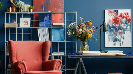 Artistic studio, deep blue wall, coral armchair, metal grid shelf with abstract art pieces, sketchbooks, and a vase of wildflowers on an industrial desk. Creative, inspiring light.