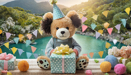 illustration d'un ours en peluche tenant un cadeau pour une carte d'anniversaire assis sur une table et fond un décor de lac et de montagne avec des fanions - obrazy, fototapety, plakaty